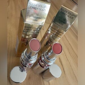 TWO YSL CANDY GLAZE LIP GLOSS STICKS: 13 FLASHING ROSE & 15 SHOWCASING NUDE